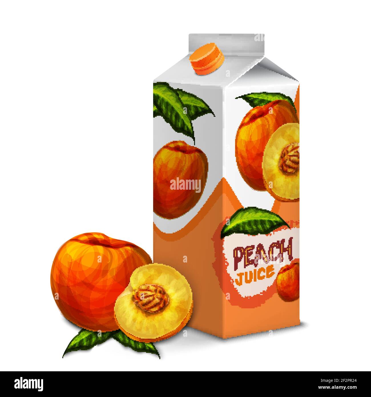 Juice carton cardboard box pack 3d with whole and cut sweet peach
