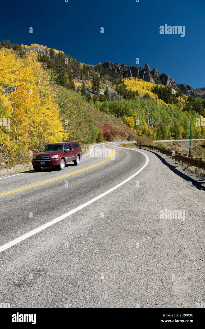 Travelers driving on the San Juan Skyway Scenic Byway (State Rt. 145) in SW Colorado Stock Photo