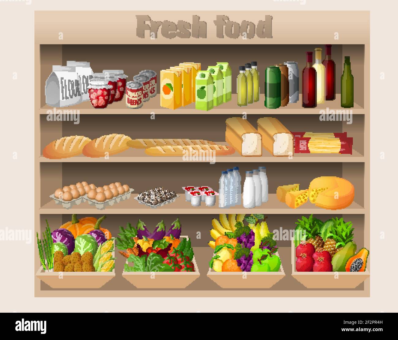 Supermarket shelves with food drinks fruits vegetables bread milk and