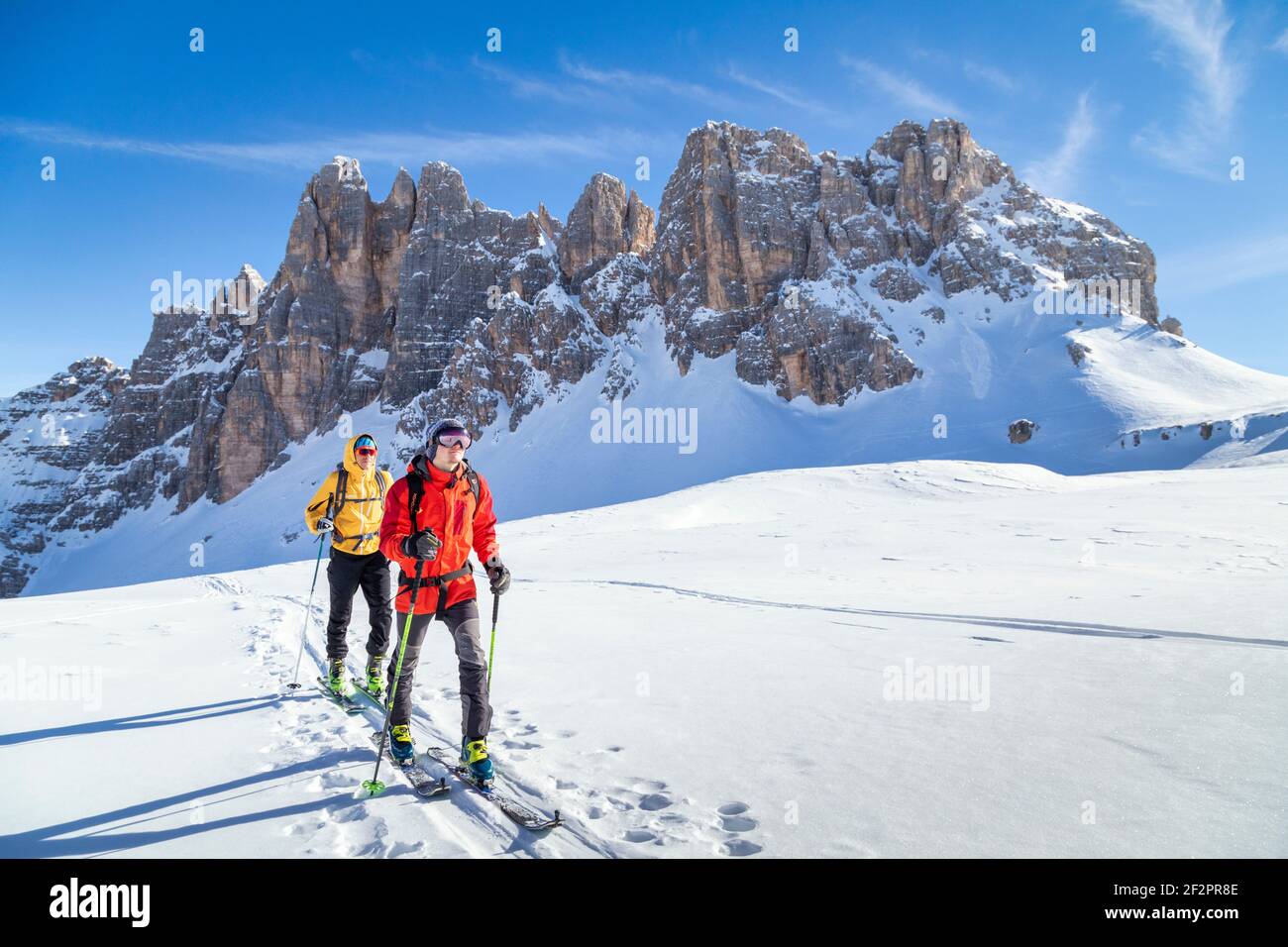 ski mountaineering in the dolomites, winter ski tour on the Lastoi de Formin (Lastoni de Formin) Croda da Lago group, Dolomites, province of Belluno, Veneto, Italy Stock Photo