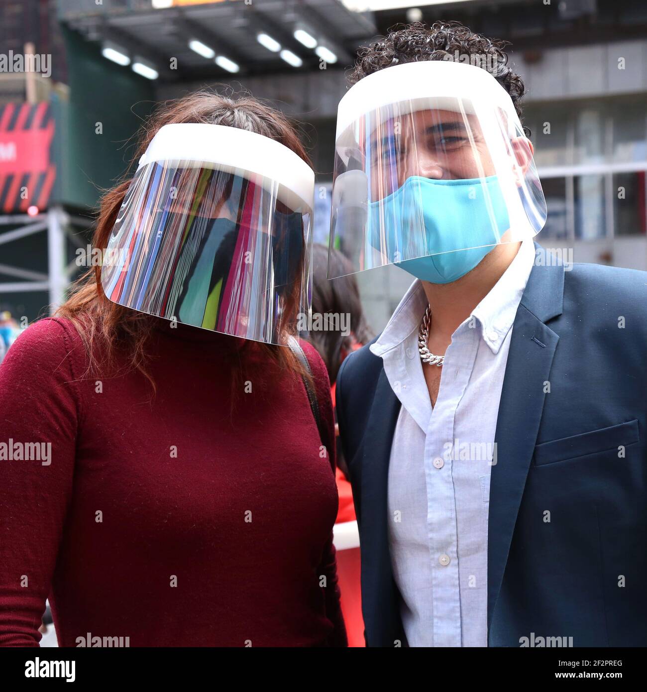 New York, NY, USA. 12th Mar, 2021. Kathryn Gallagher and Joel Perez participating in We Will Be Back, presented by Broadway Cares/Equity Fights AIDS, NYCNext, and the Times Square Alliance, held in Duffy Square, on March 12, 2021, in New York City. Credit: Joseph Marzullo/Media Punch/Alamy Live News Stock Photo