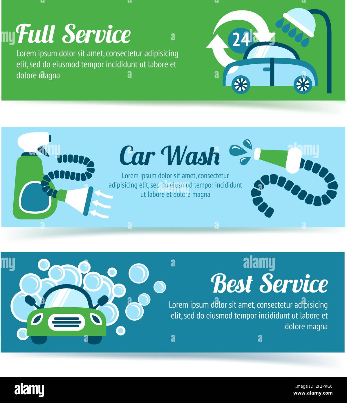 Car wash auto cleaner washer shower service banners set isolated vector