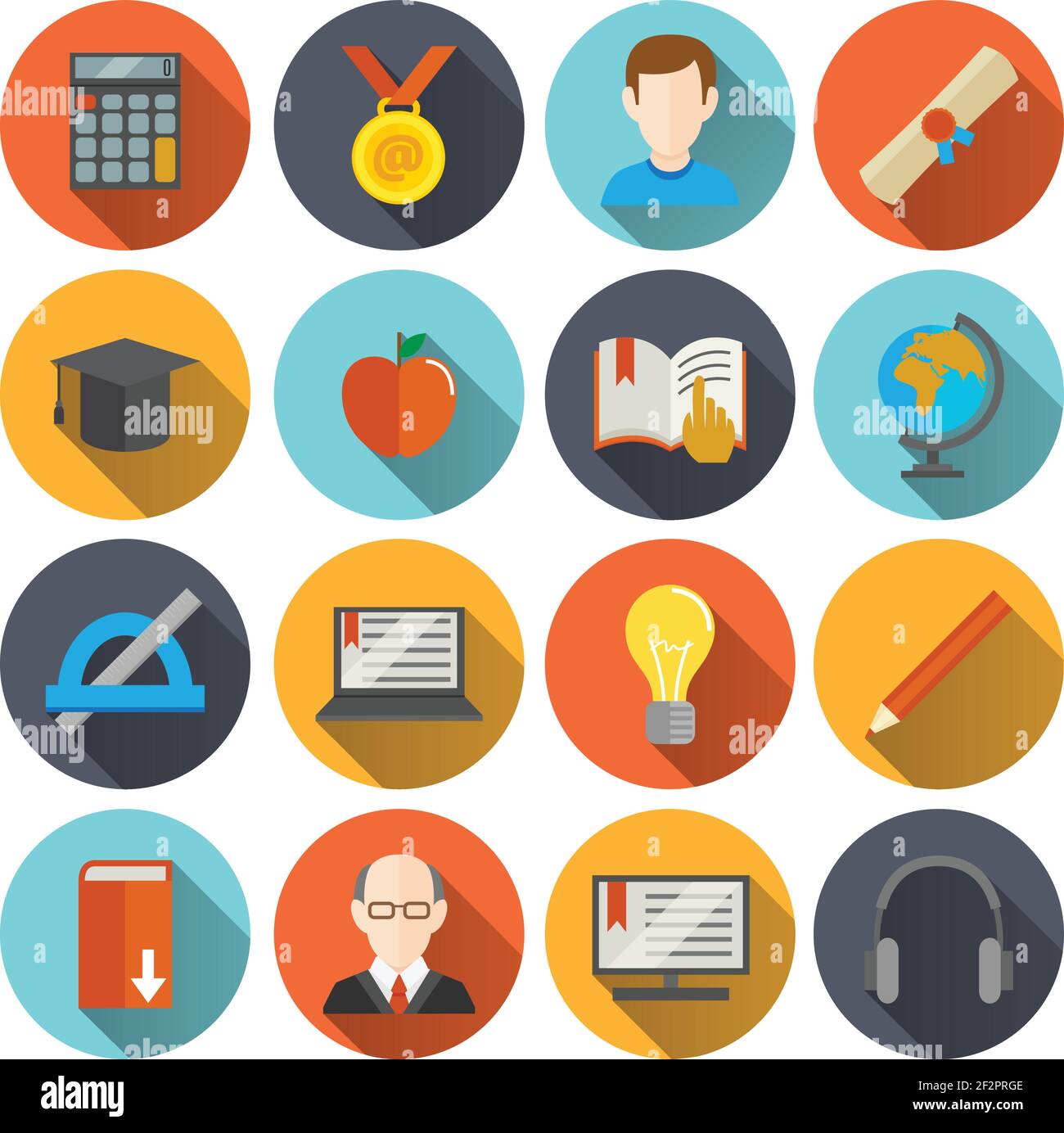 Education school university e-learning flat long shadow  icons set with science elements isolated vector illustration Stock Vector