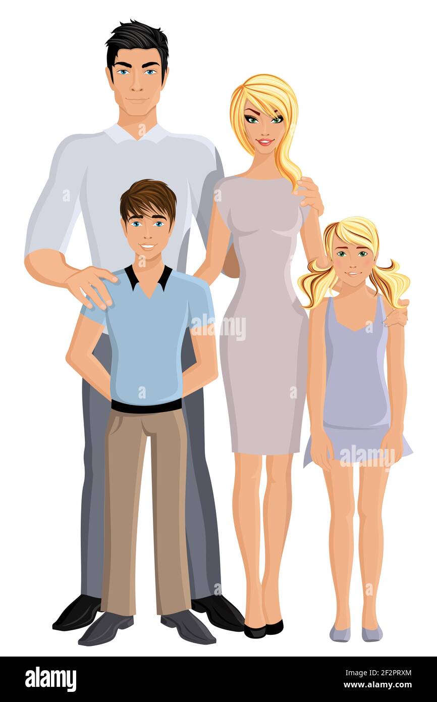 Happy family man woman parents and girl and boy kids full length ...