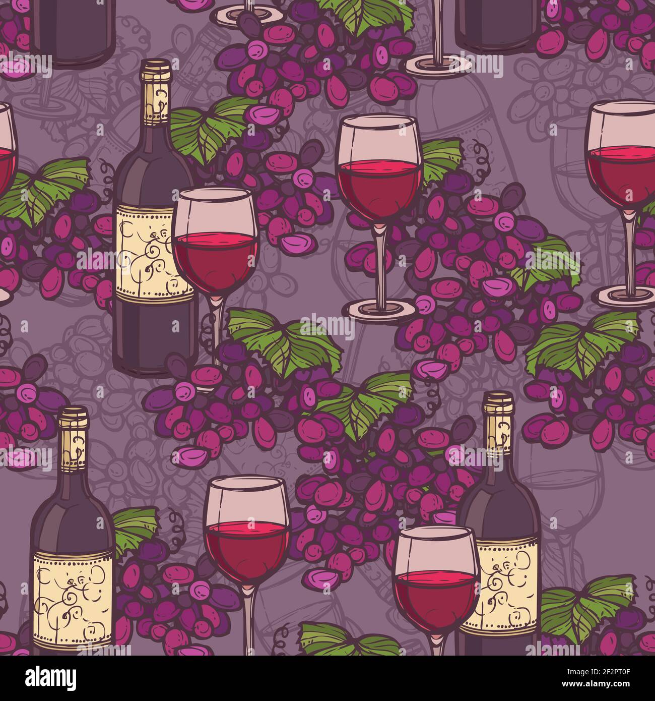 Wine sketch seamless pattern with glass bottle and grape branch vector ...