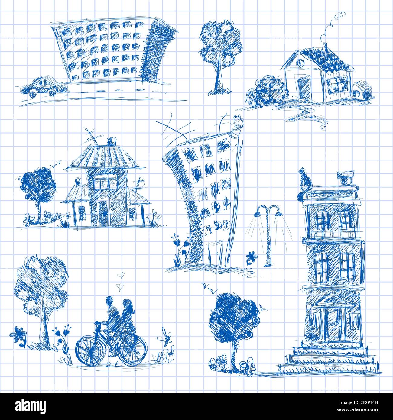 City doodle set of urban buildings on squared paper background isolated vector illustration. Stock Vector
