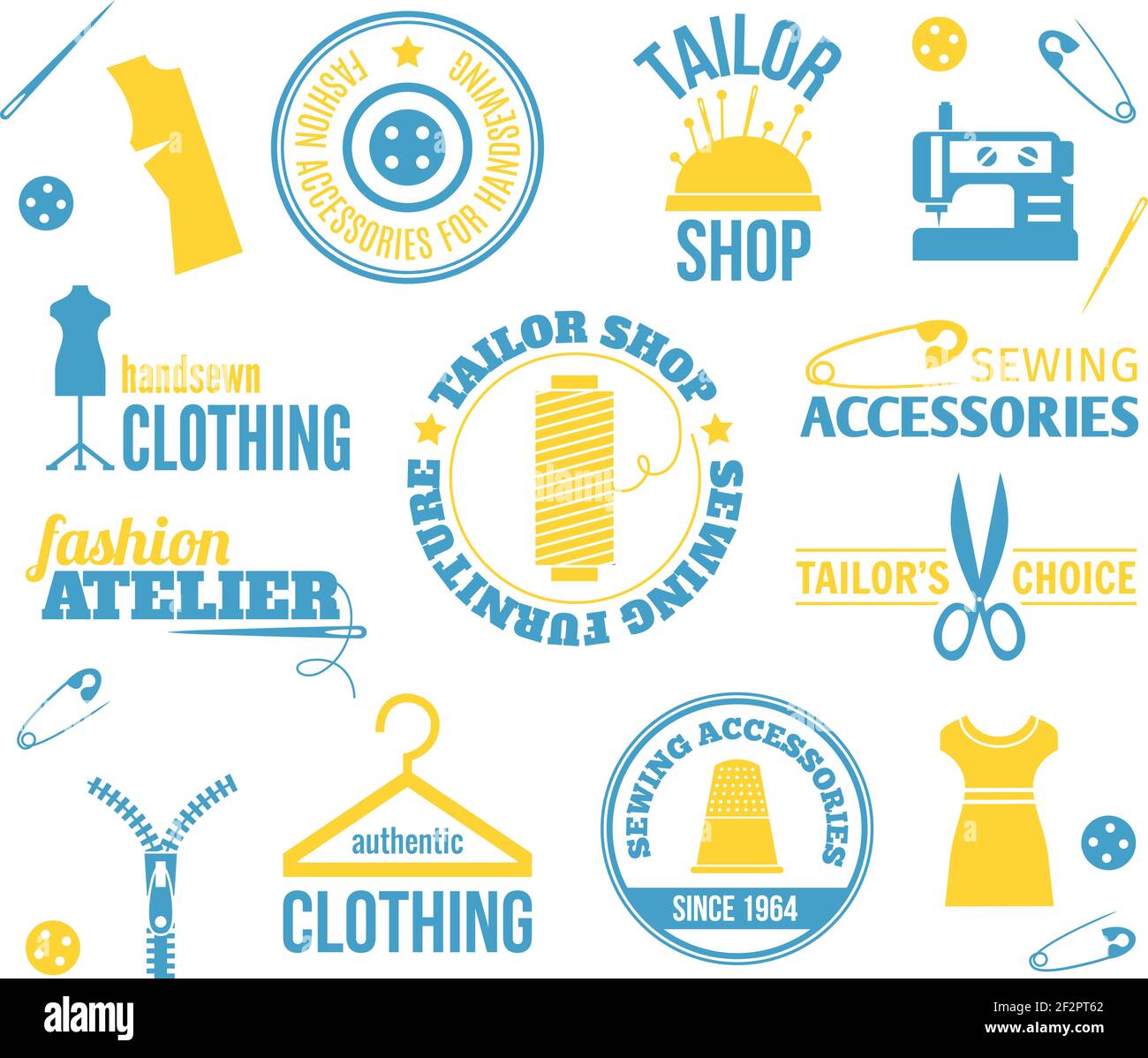 Sewing equipment fashion accessories colored labels set isolated vector