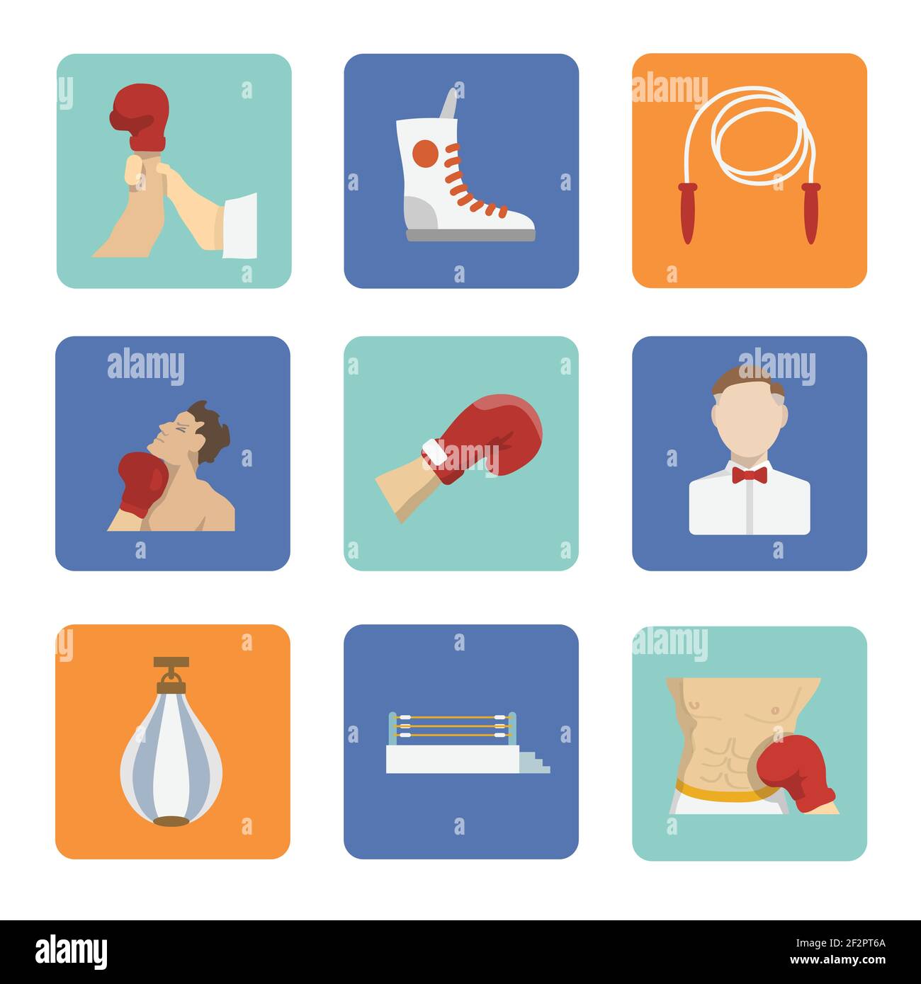 Set of boxing winner referee equipment kick uppercut icons in flat