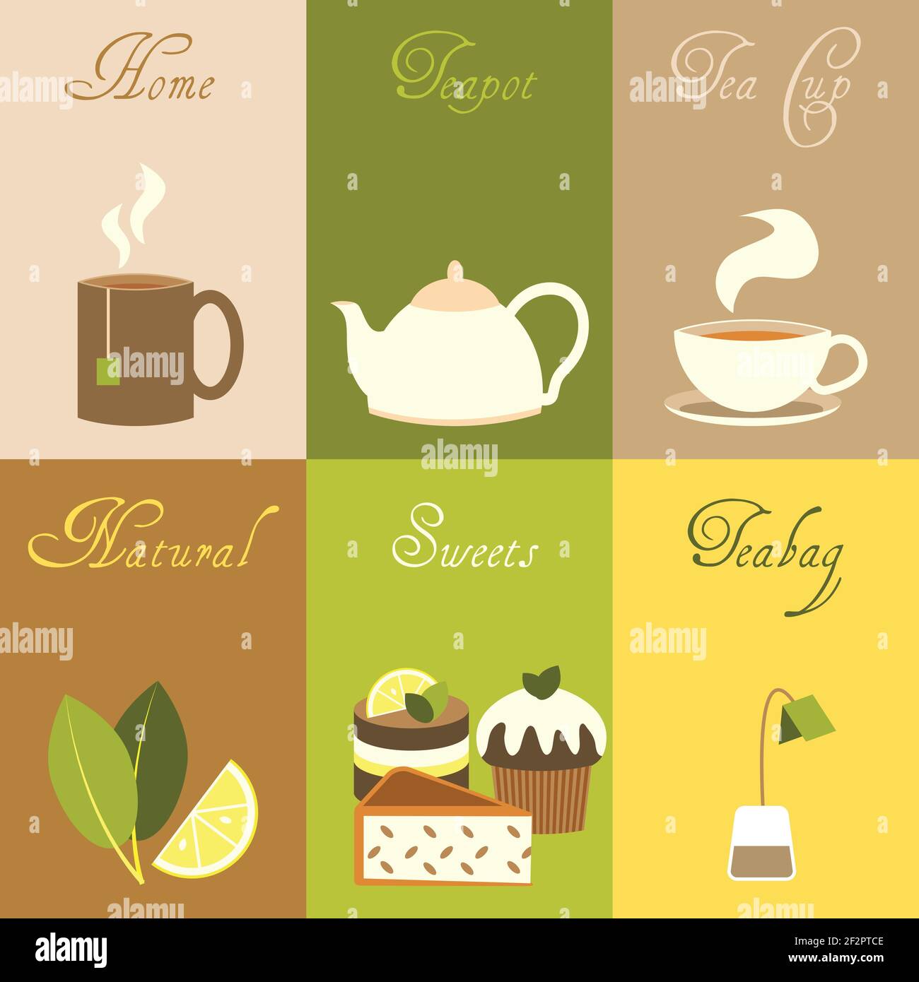 Tea mini posters set with home teapot cup natural sweets teabag
