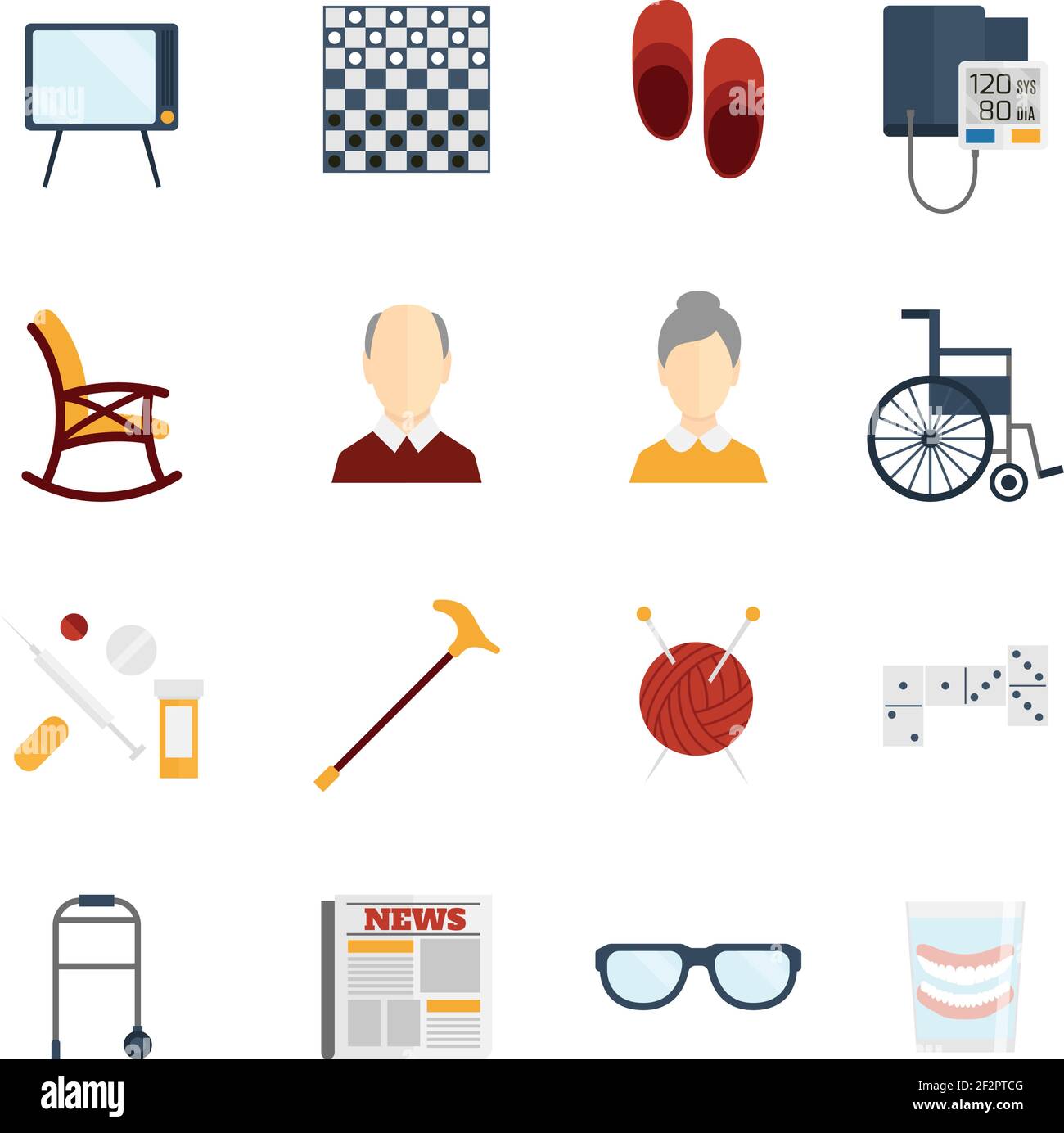 Pensioners life old man care icons flat set isolated vector illustration. Stock Vector