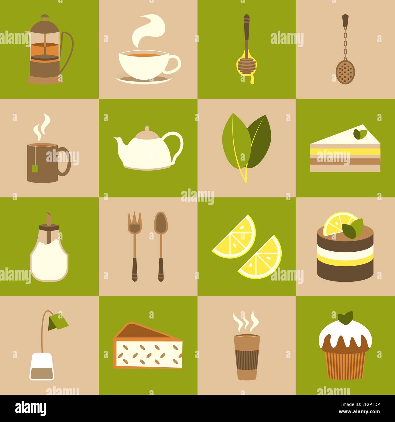 Tea icons set with cup sugar cake isolated vector illustration Stock ...