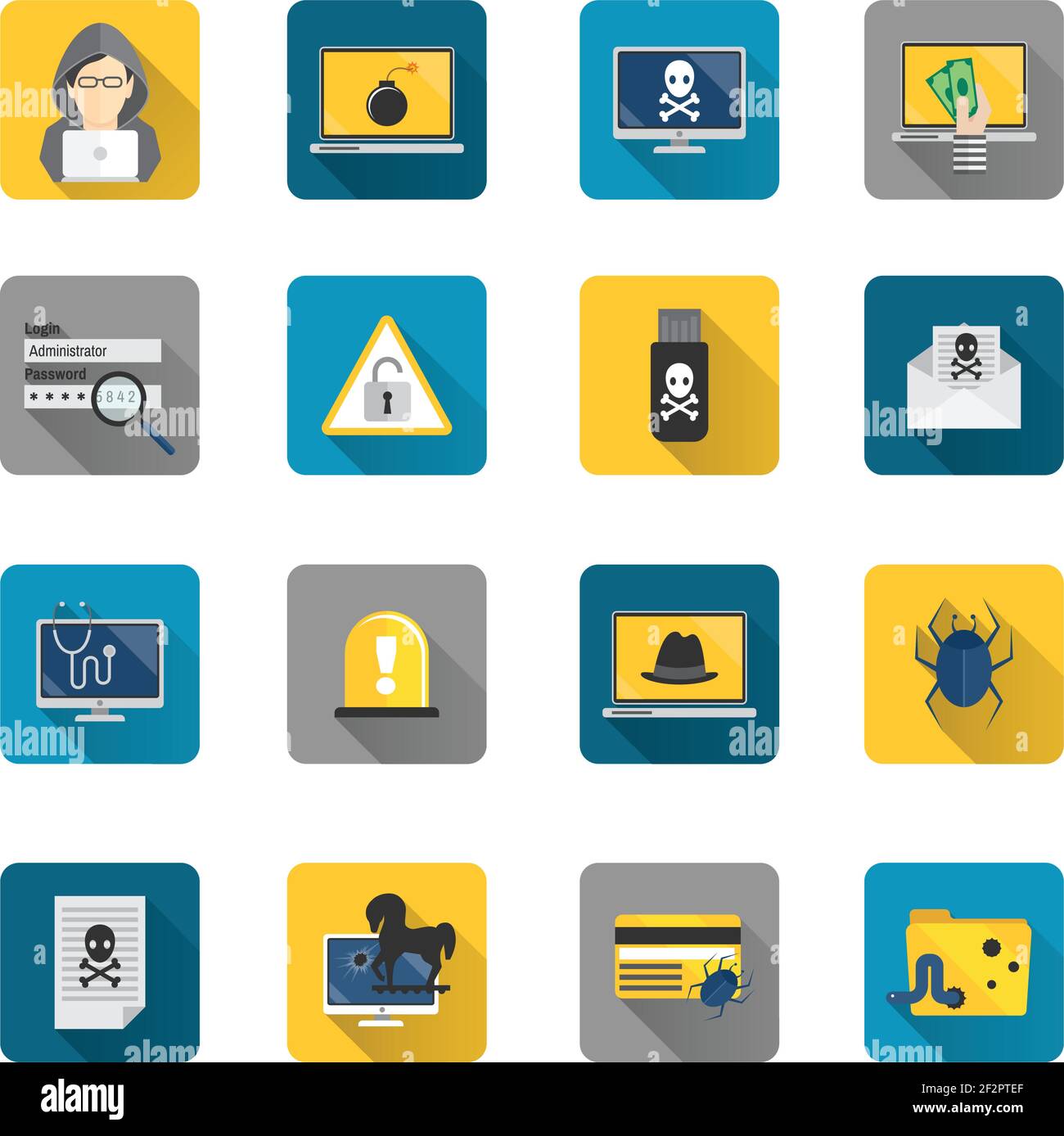 Hacker and computer safety and protection technology flat button icons set isolated vector illustration Stock Vector