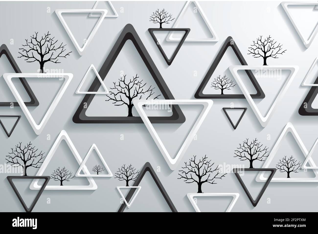 Custom wallpaper of black and white triangle with blacked tree photo mural wallpaper,3d illustration Stock Photo