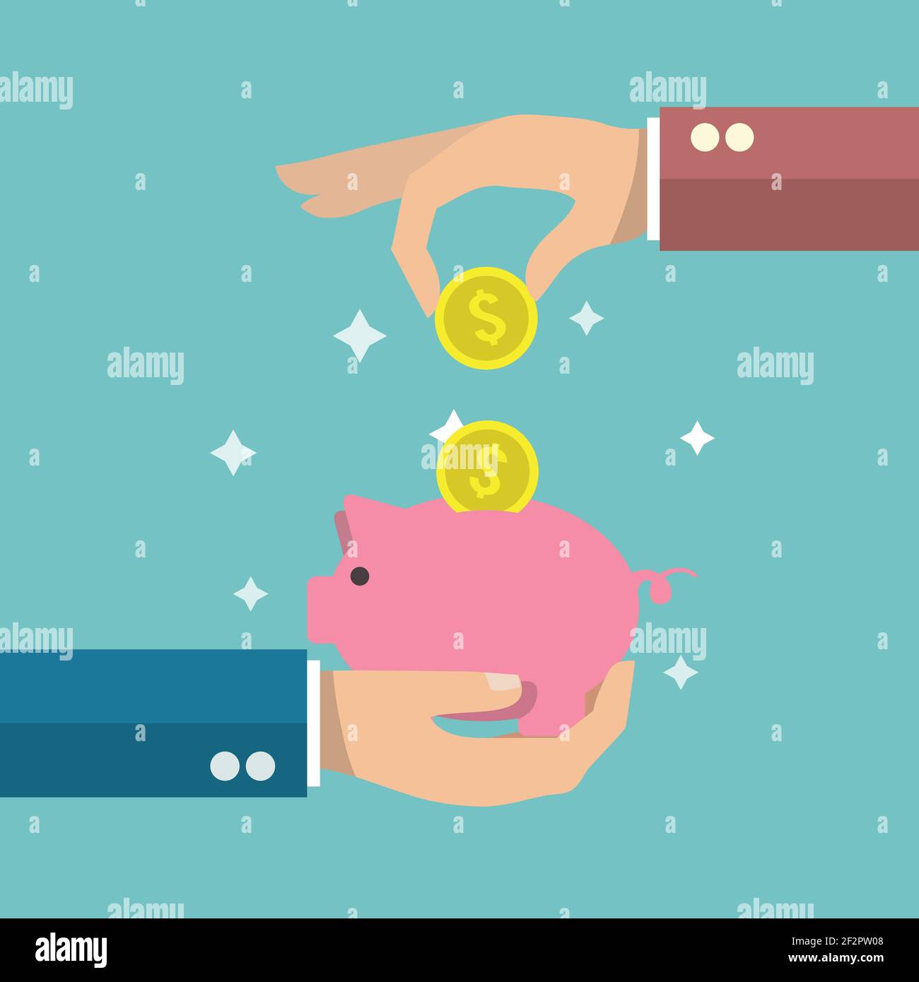 Hand putting a gold coin in funny pink piggy bank money box poster