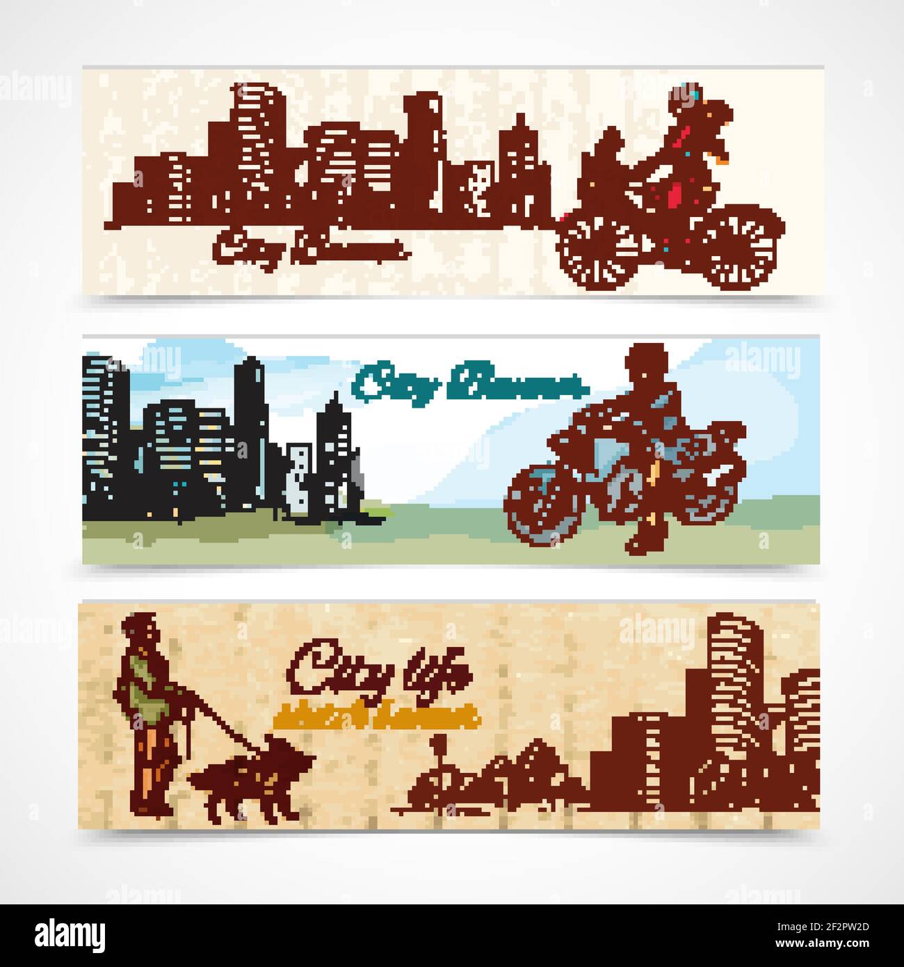 Modern urban people sketch colored horizontal banners set isolated ...