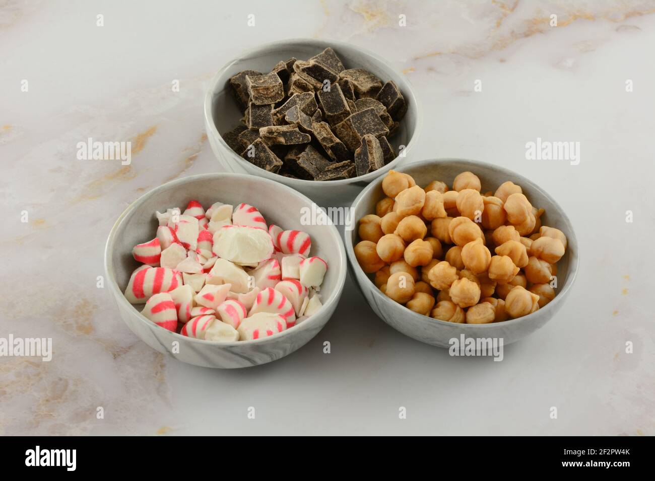 Crushed peppermint candy, caramel bits, and chocolate chunks for baking