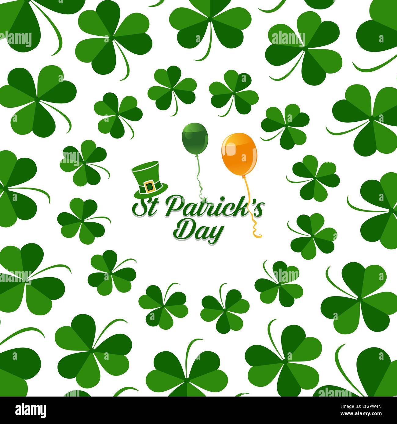 Happy Saint Patrick's Day greetings with orange and green baloons, green hat surrounded by clover Stock Vector