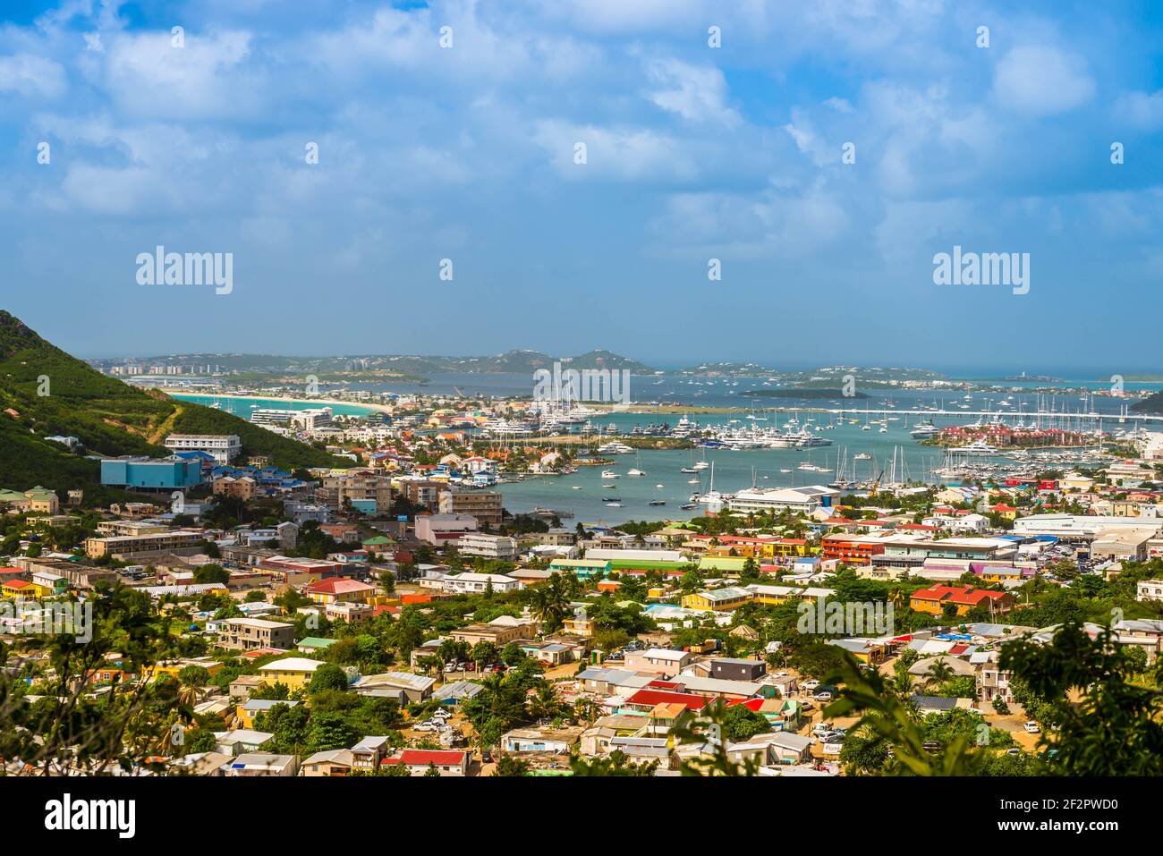 Aerial view of Cay bay on the island of Saint Martin in the Caribbean Stock Photo