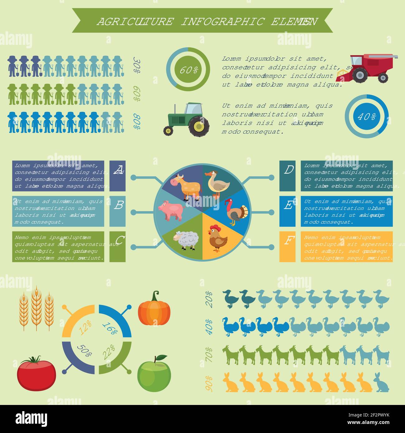 Agriculture infographics design elements of farm animals technique crop and charts vector illustration Stock Vector