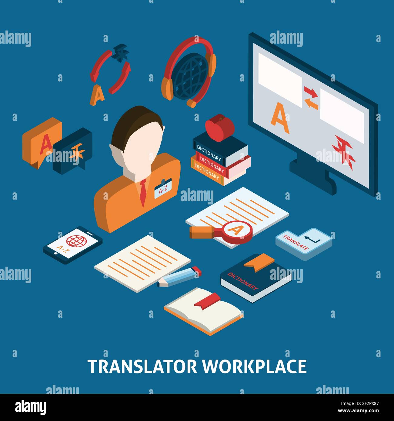 Translator workplace isometric icons composition with computer ...