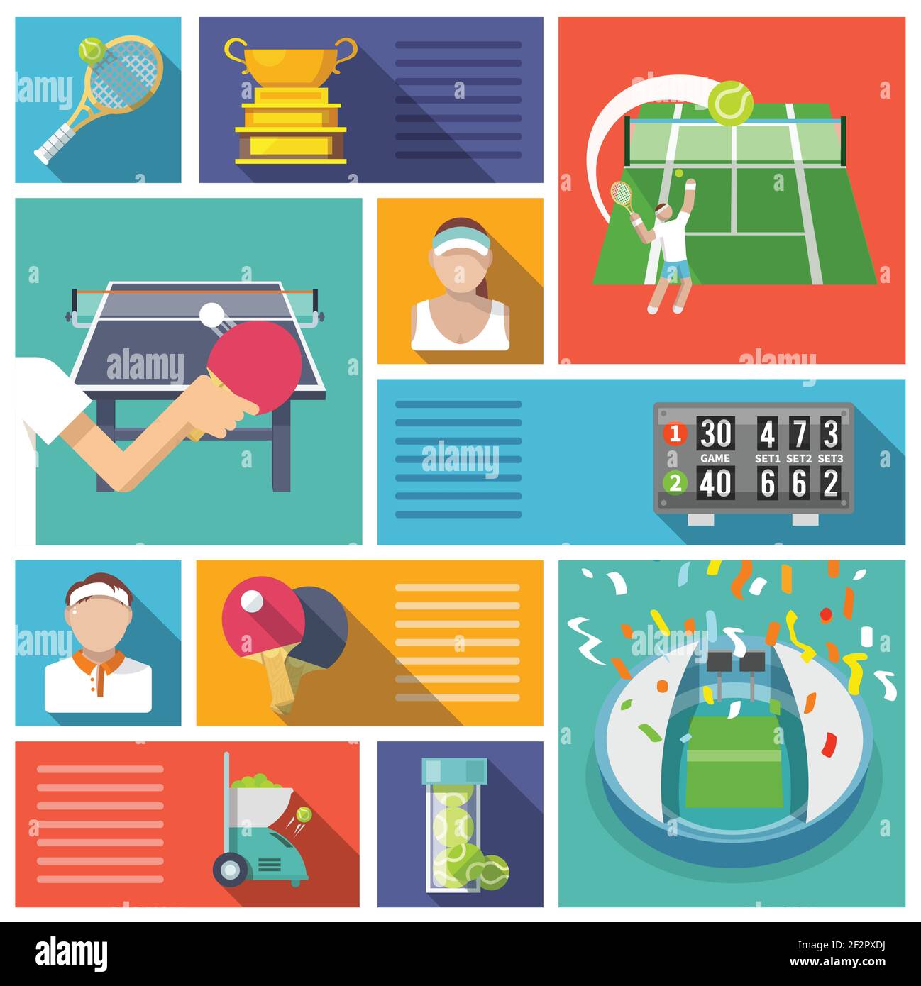 Tennis game sport competition players and equipment icons flat set