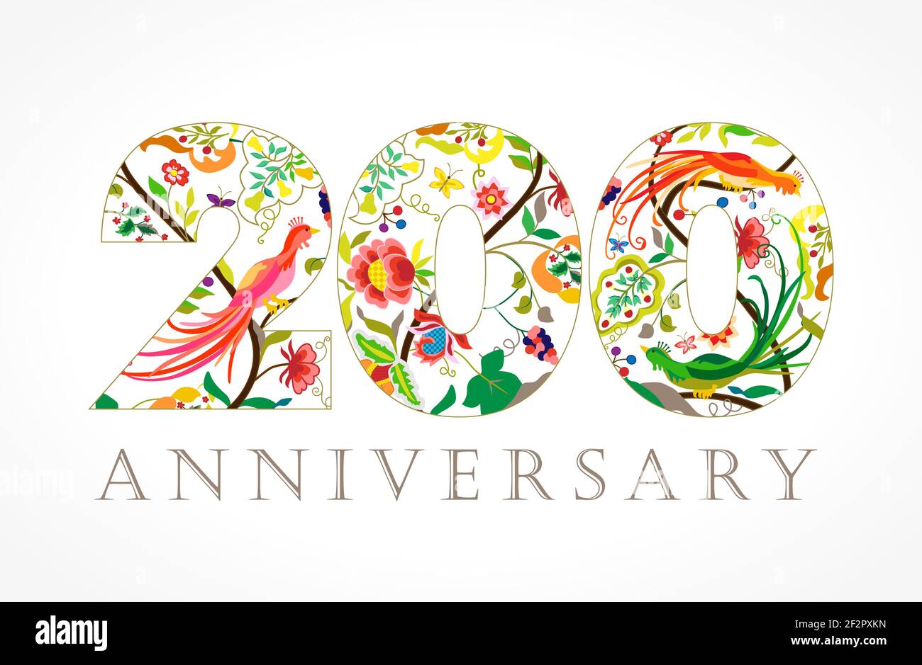 200 years old luxurious celebrating folk logo. Template colored 200 th happy anniversary greetings, ethnics flowers, plants, paradise birds. Tradition Stock Vector