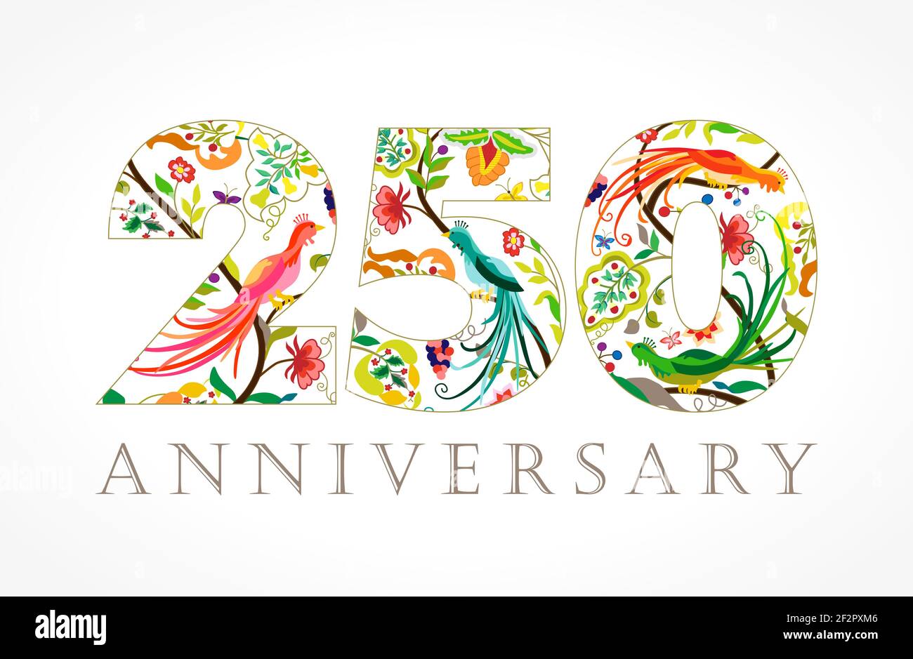 250 years old luxurious celebrating folk logo. Template colored 250 th happy anniversary greetings, ethnics pattern flowers, plants, paradise birds. T Stock Vector