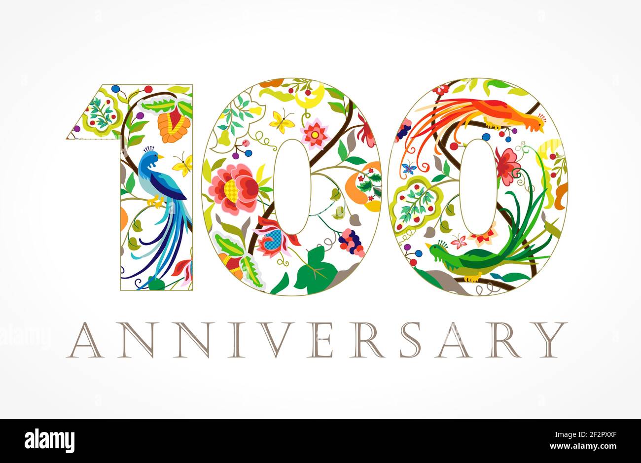 100 years old luxurious celebrating folk logo. Template colored 100 th happy anniversary greetings, ethnics flowers, plants, paradise birds. Tradition Stock Vector