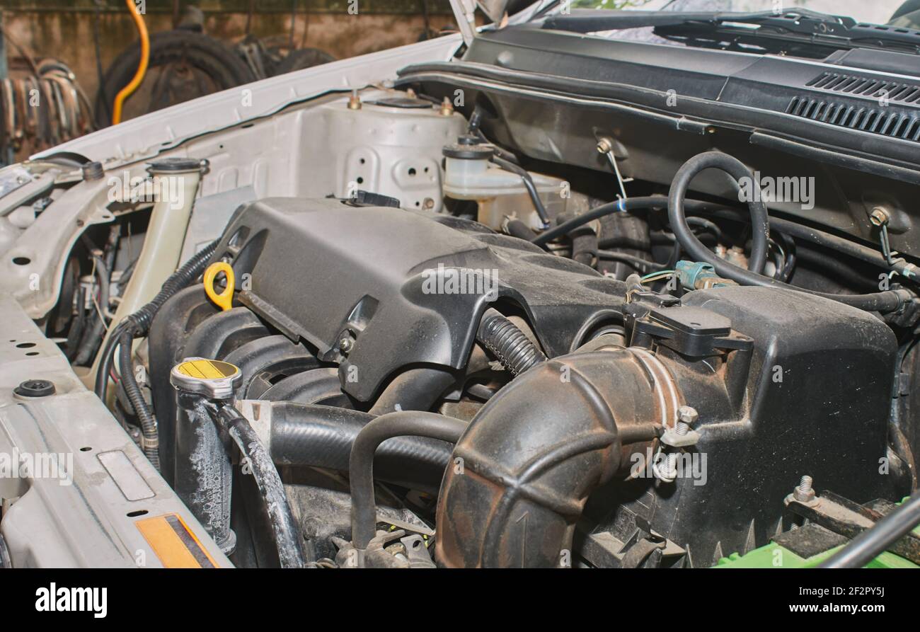 Car Engine or Auto Engine and Air Filter and Brake Fluid Reservoir and