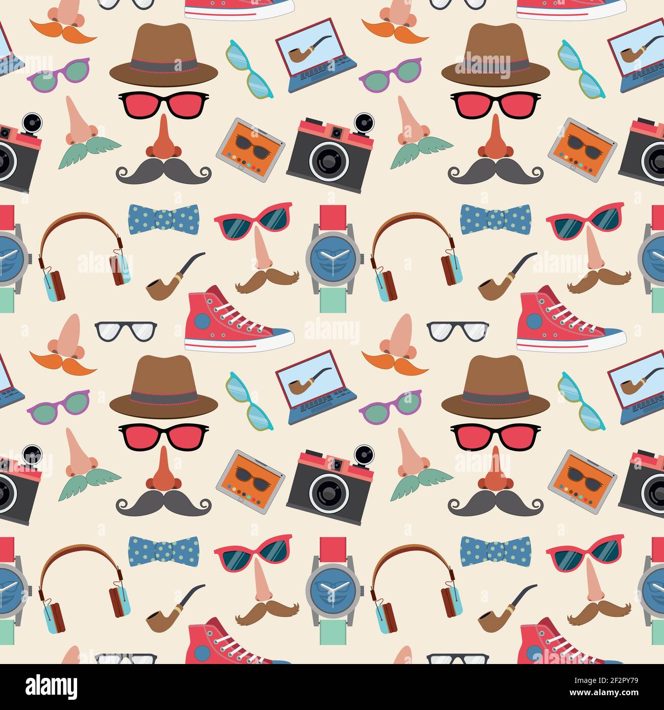 Hipster elements seamless pattern with gumshoes bowtie mustaches smoking pipe vector illustration Stock Vector