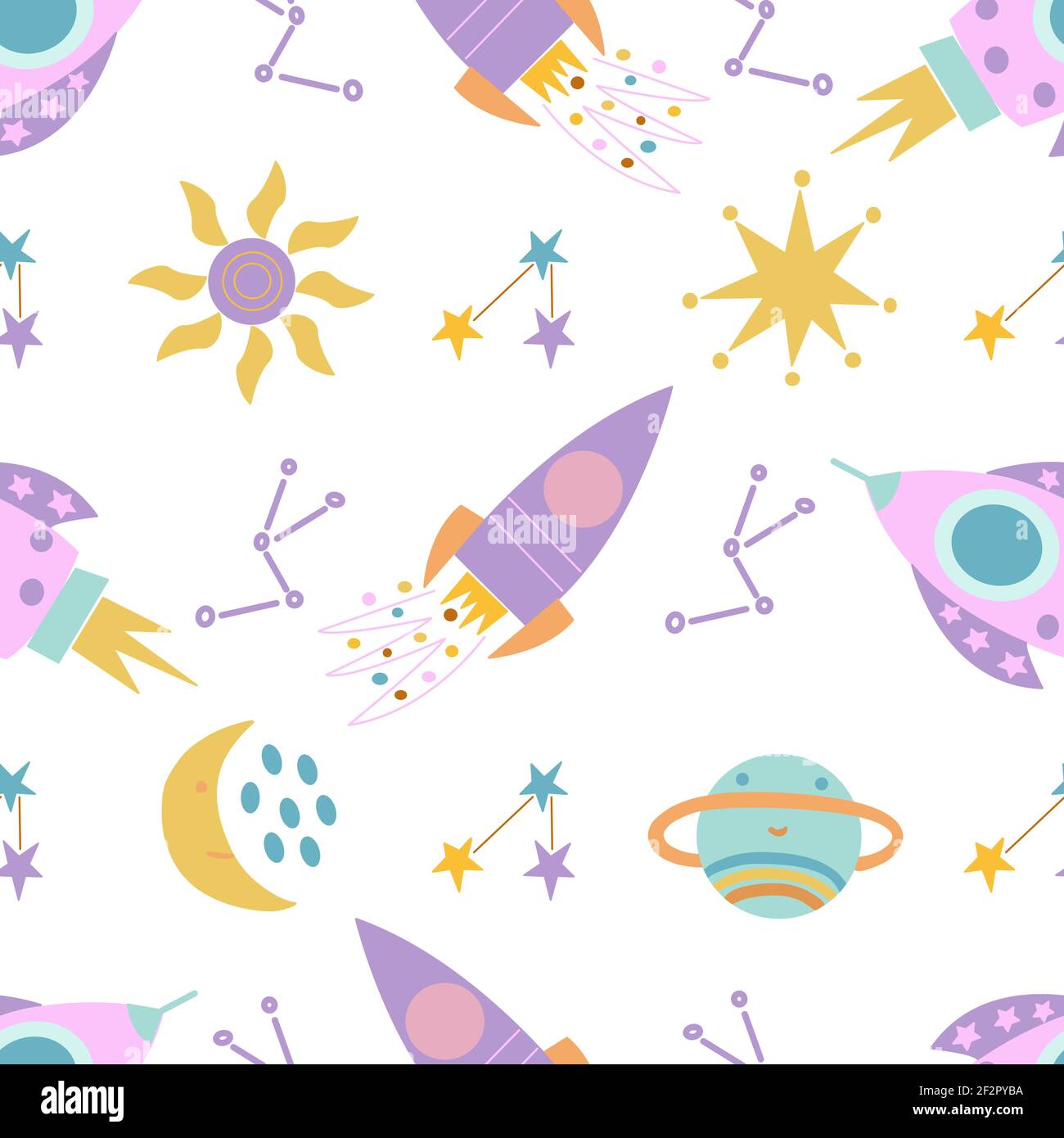 Seamless pattern with cute space elements on white background in vector ...