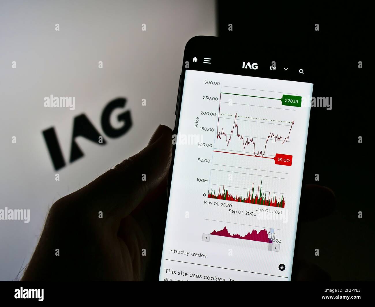 Person holding cellphone with website of company International Airlines Group (IAG) on screen in front of logo. Focus on center of phone display. Stock Photo