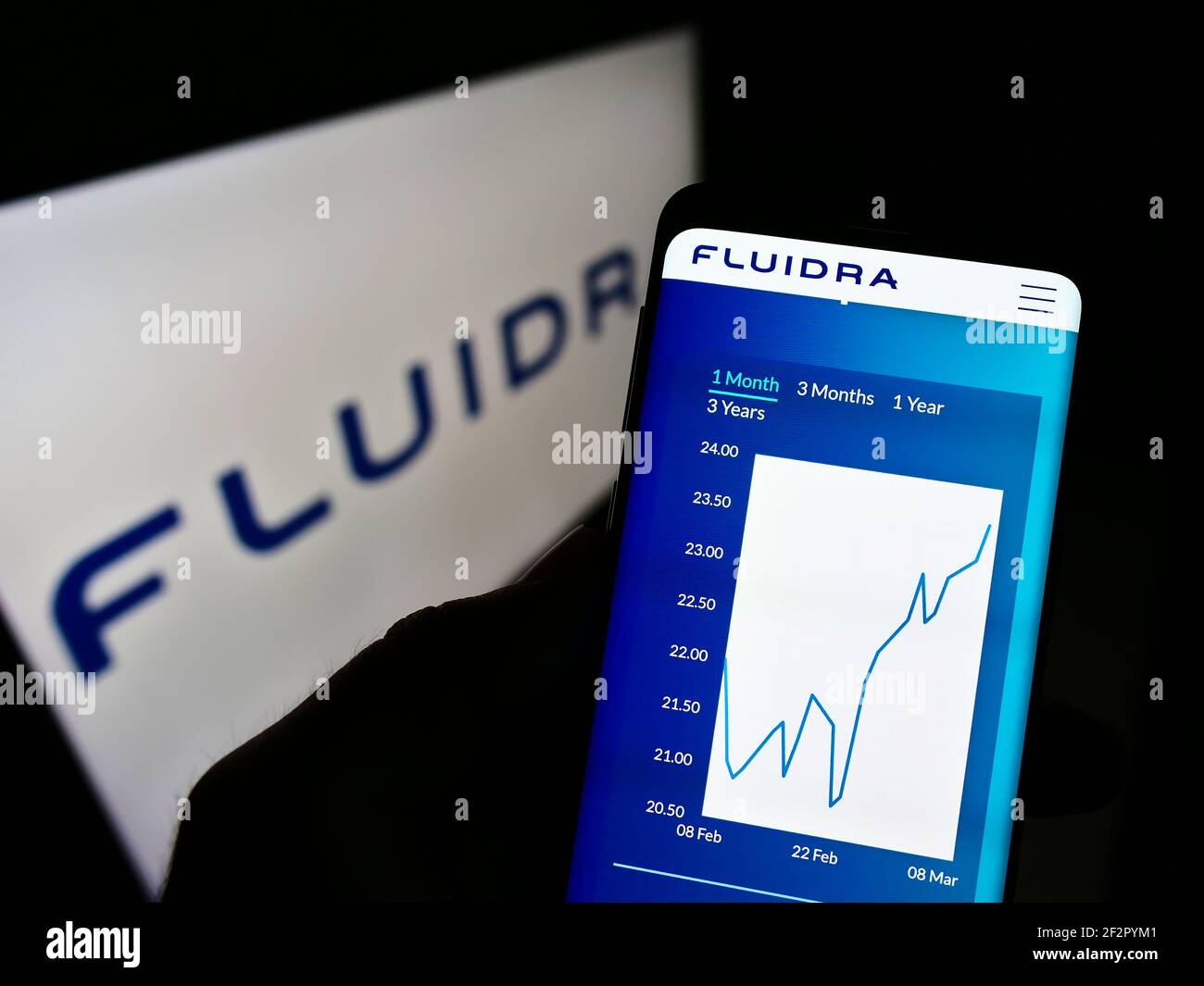 Person holding cellphone with website and chart of Spanish wellness company Fluidra SA on screen in front of logo. Focus on center of phone display. Stock Photo