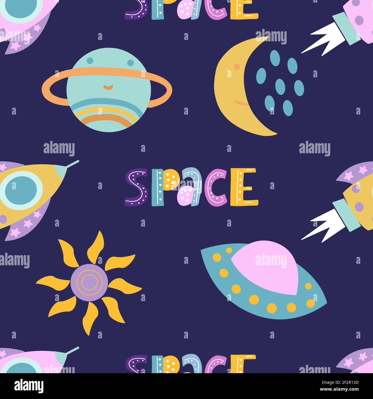 Seamless pattern with cute space elements on blue background in vector graphic. For decorating the covers of notebooks, wrapping paper, for prints on Stock Vector