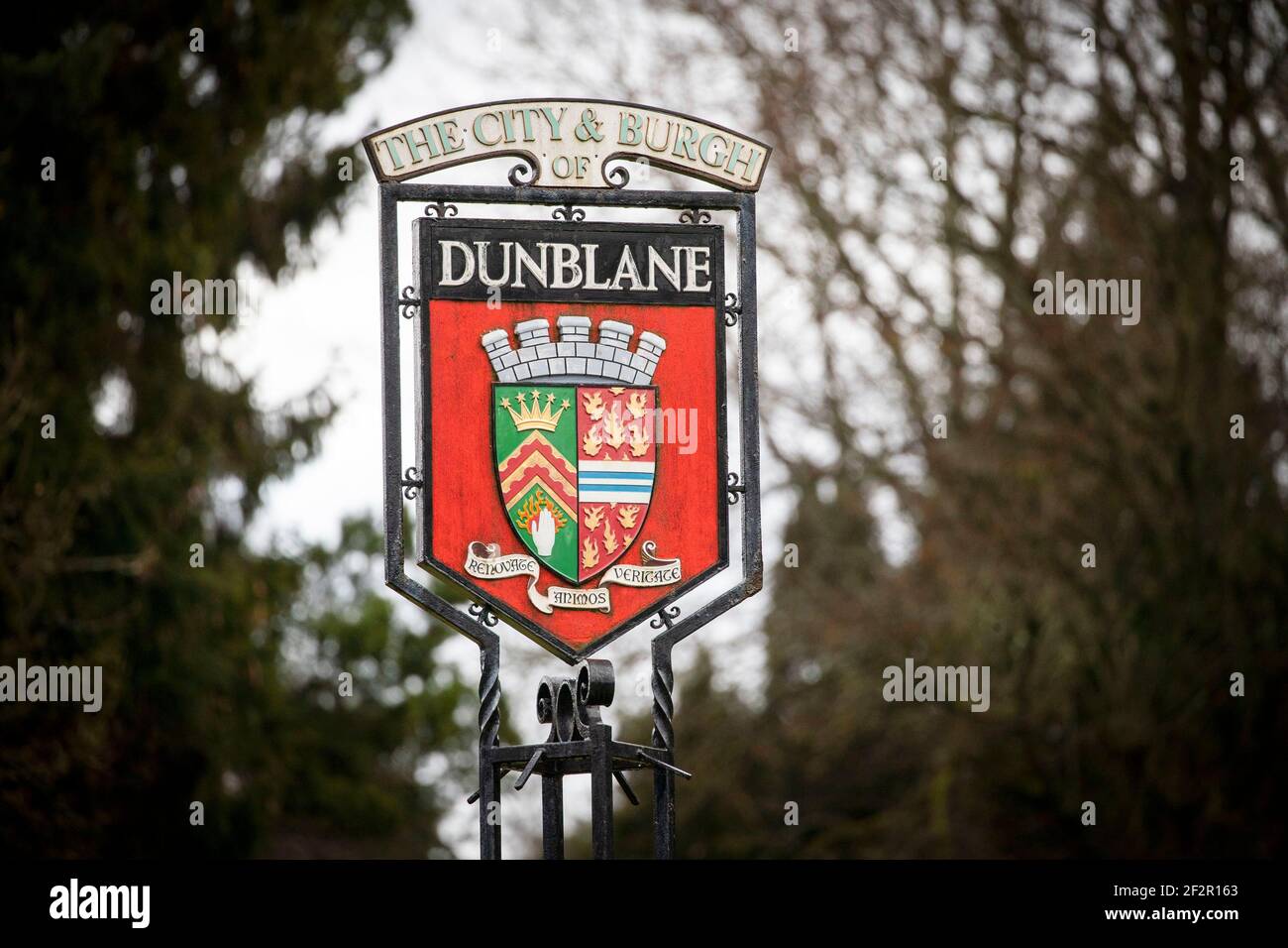 A Dunblane sign in the centre of the town ahead of the 25th anniversary of the Dunblane massacre on Saturday. Picture date: Friday March 12, 2021. Stock Photo