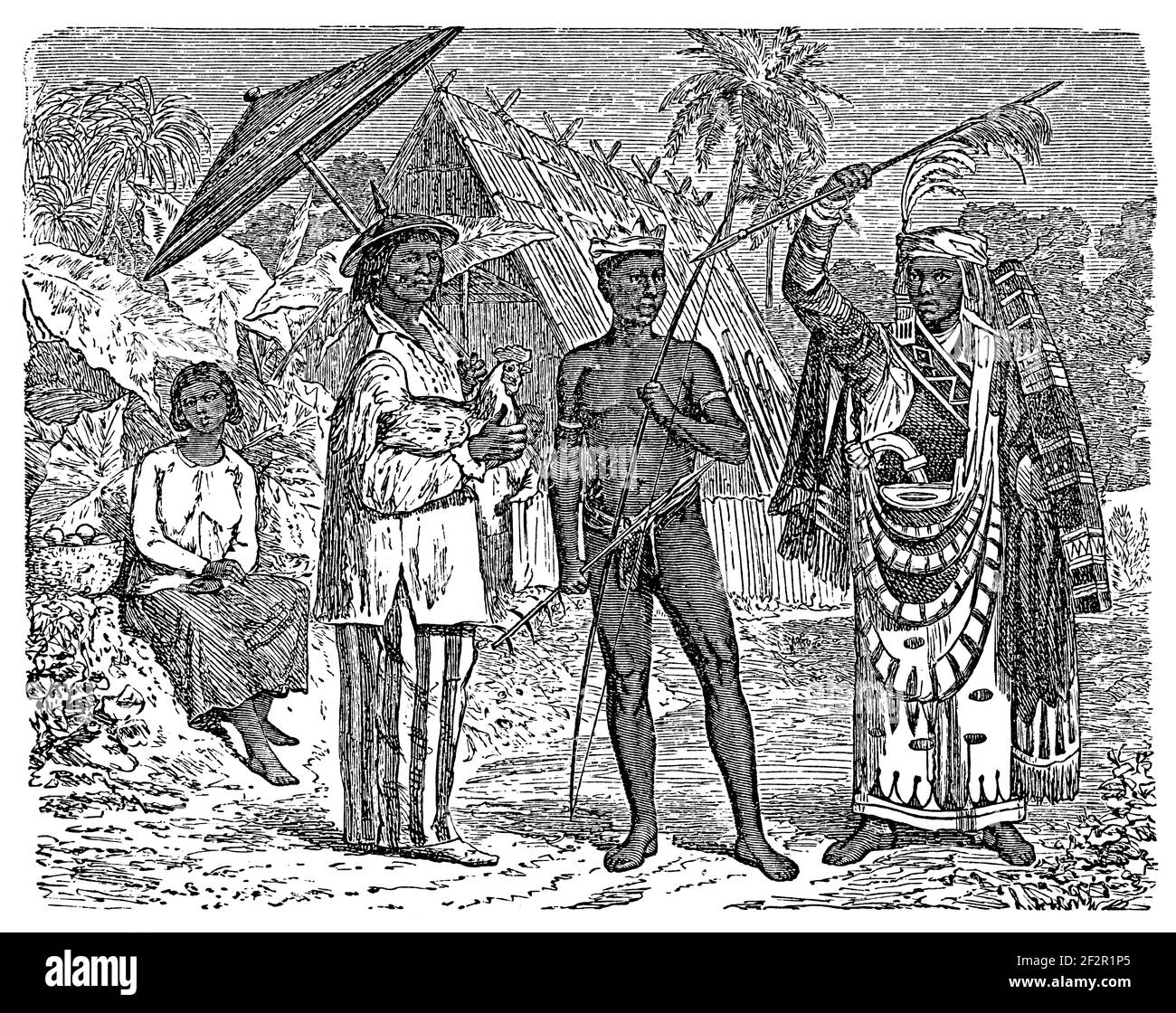 19th-century engraving of inhabitants of the Philippines. Illustration published in Systematischer Bilder-Atlas zum Conversations-Lexikon, Ikonographi Stock Photo