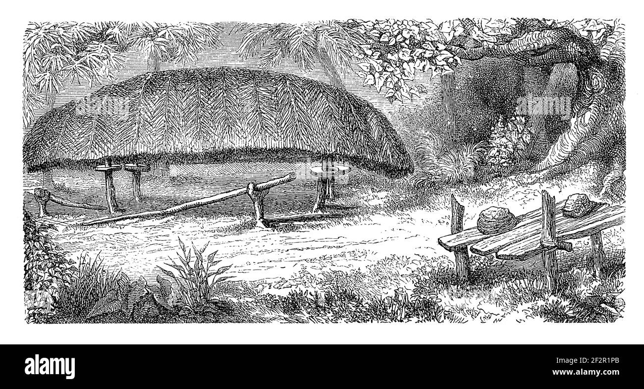 Antique 19th-century engraving of hut and altar on Louisiade Archipelago island. Illustration published in Systematischer Bilder-Atlas zum Conversatio Stock Photo