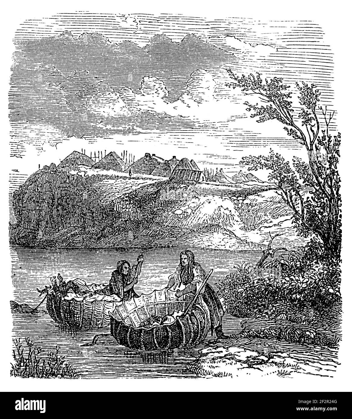 19th-century illustration of a Mandan village. Engraving published in Systematischer Bilder-Atlas zum Conversations-Lexikon, Ikonographische Encyklopa Stock Photo