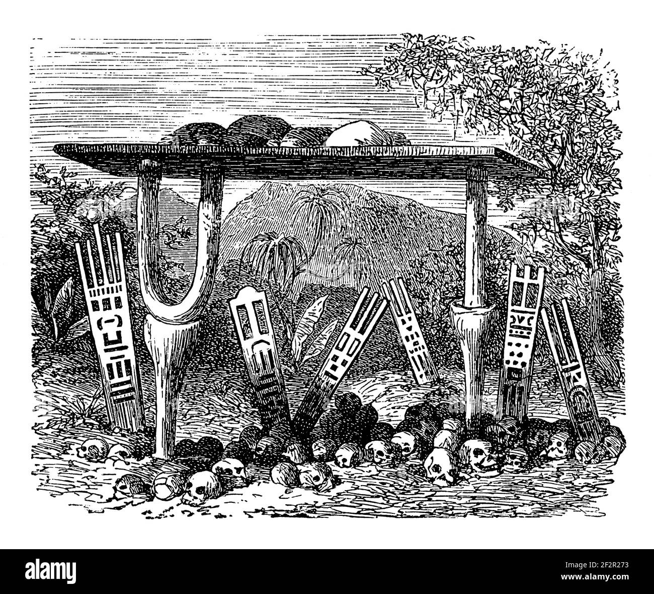 Antique engraving of cemetery in Tahiti. Illustration published in Systematischer Bilder-Atlas zum Conversations-Lexikon, Ikonographische Encyklopaedi Stock Photo