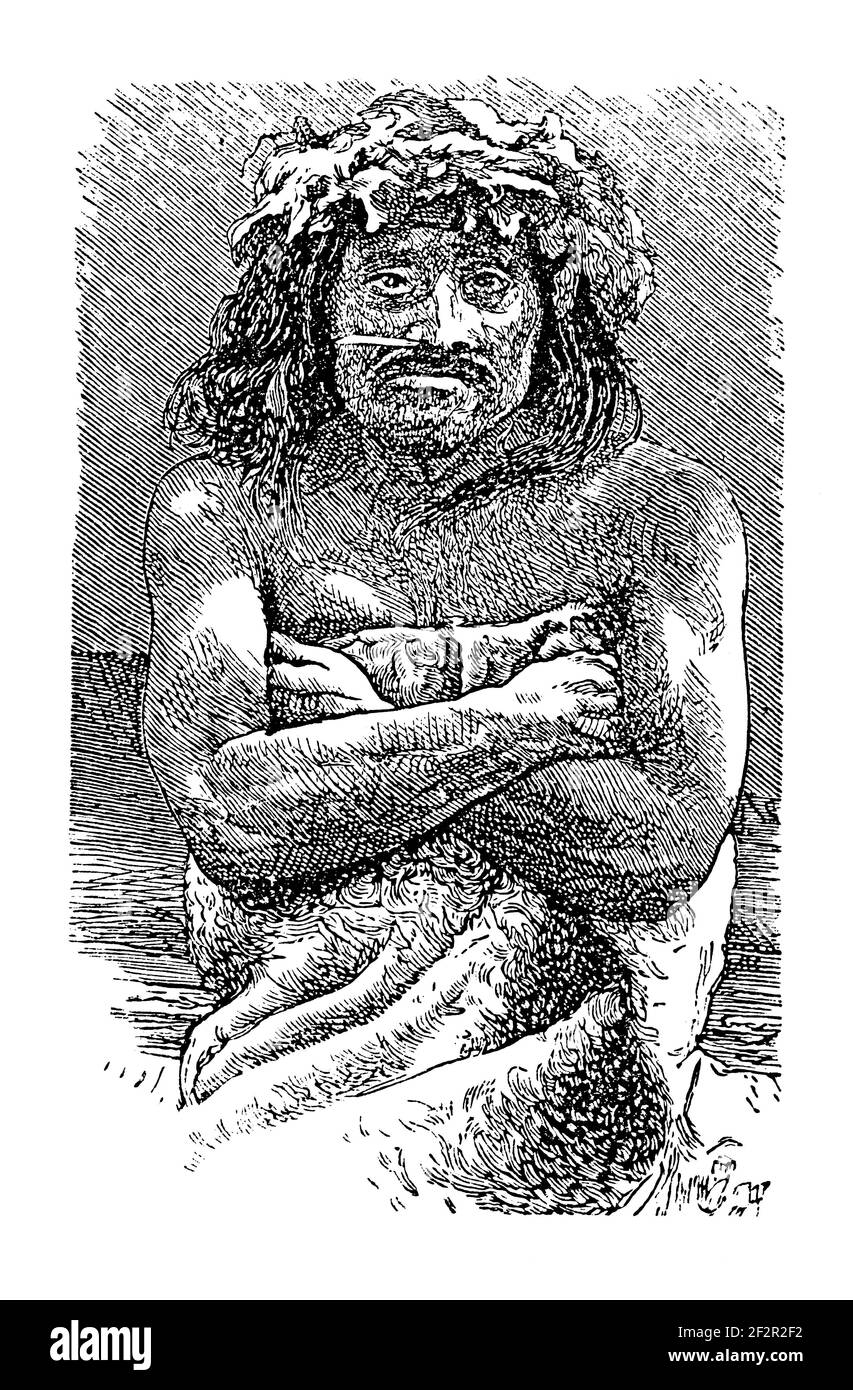 Antique engraving of a native American. Illustration published in Systematischer Bilder-Atlas zum Conversations-Lexikon, Ikonographische Encyklopaedie Stock Photo