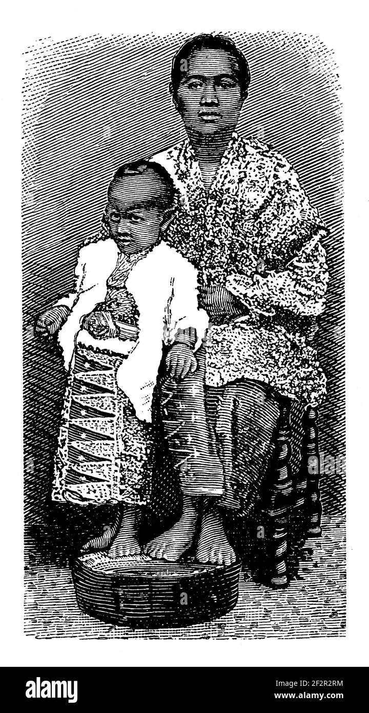 Antique illustration of a Javanese woman with her child. Engraving ...