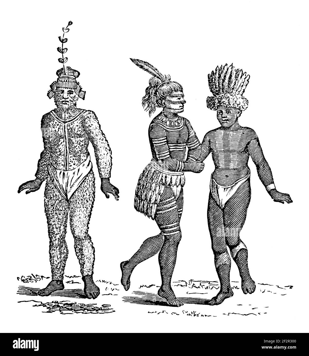 19th-century engraving of Californian dancers. Illustration published in Systematischer Bilder-Atlas zum Conversations-Lexikon, Ikonographische Encykl Stock Photo