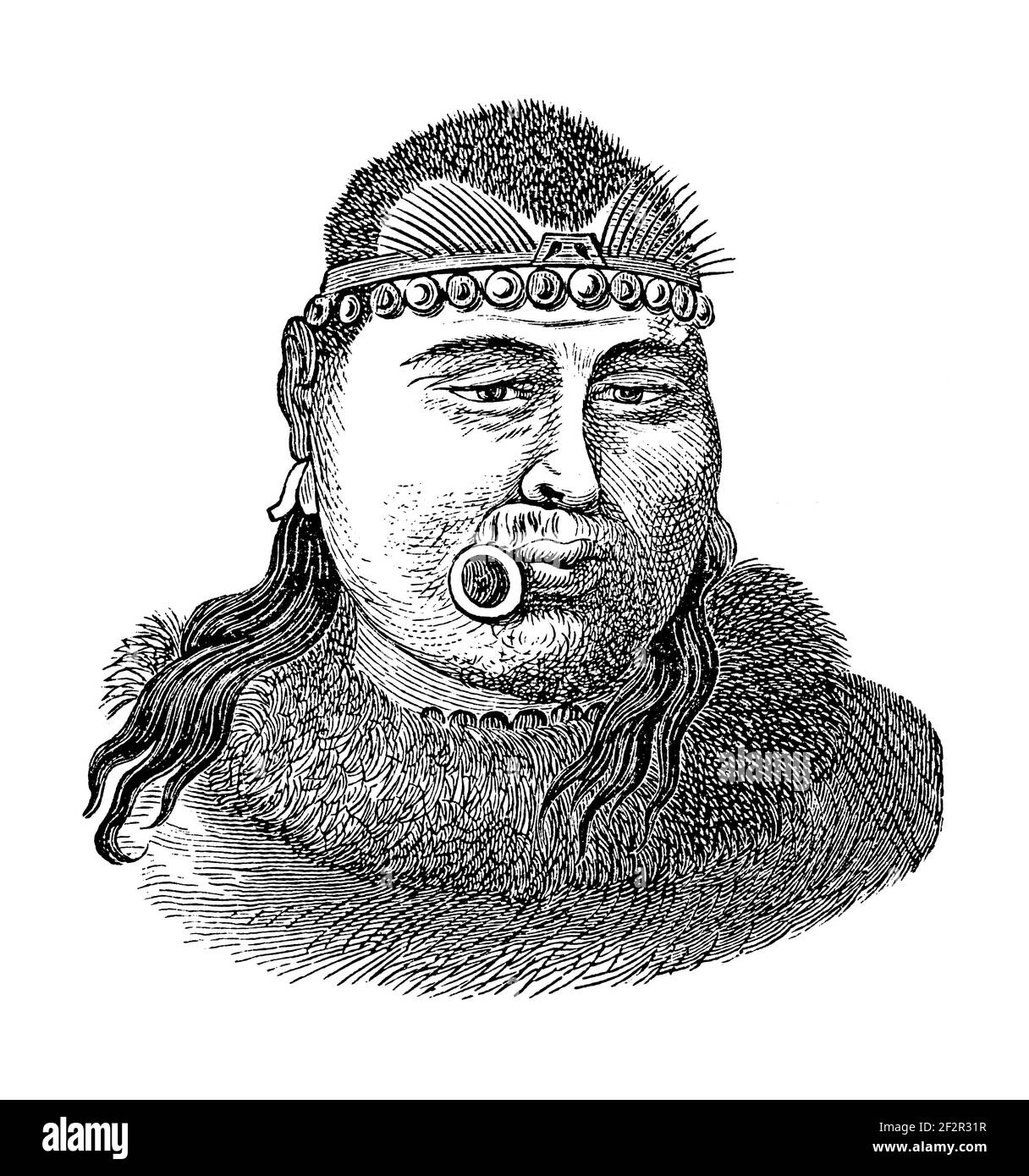 Antique engraving of Inupiat man from Kotzebue, Alaska. Illustration published in Systematischer Bilder-Atlas zum Conversations-Lexikon, Ikonographisc Stock Photo
