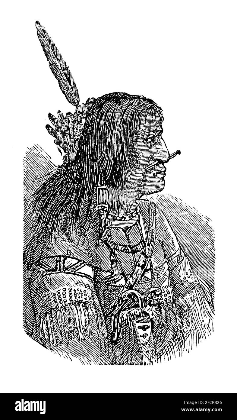 Antique 19th-century illustration of an inhabitant of Tanana. Engraving published in Systematischer Bilder-Atlas zum Conversations-Lexikon, Ikonograph Stock Photo