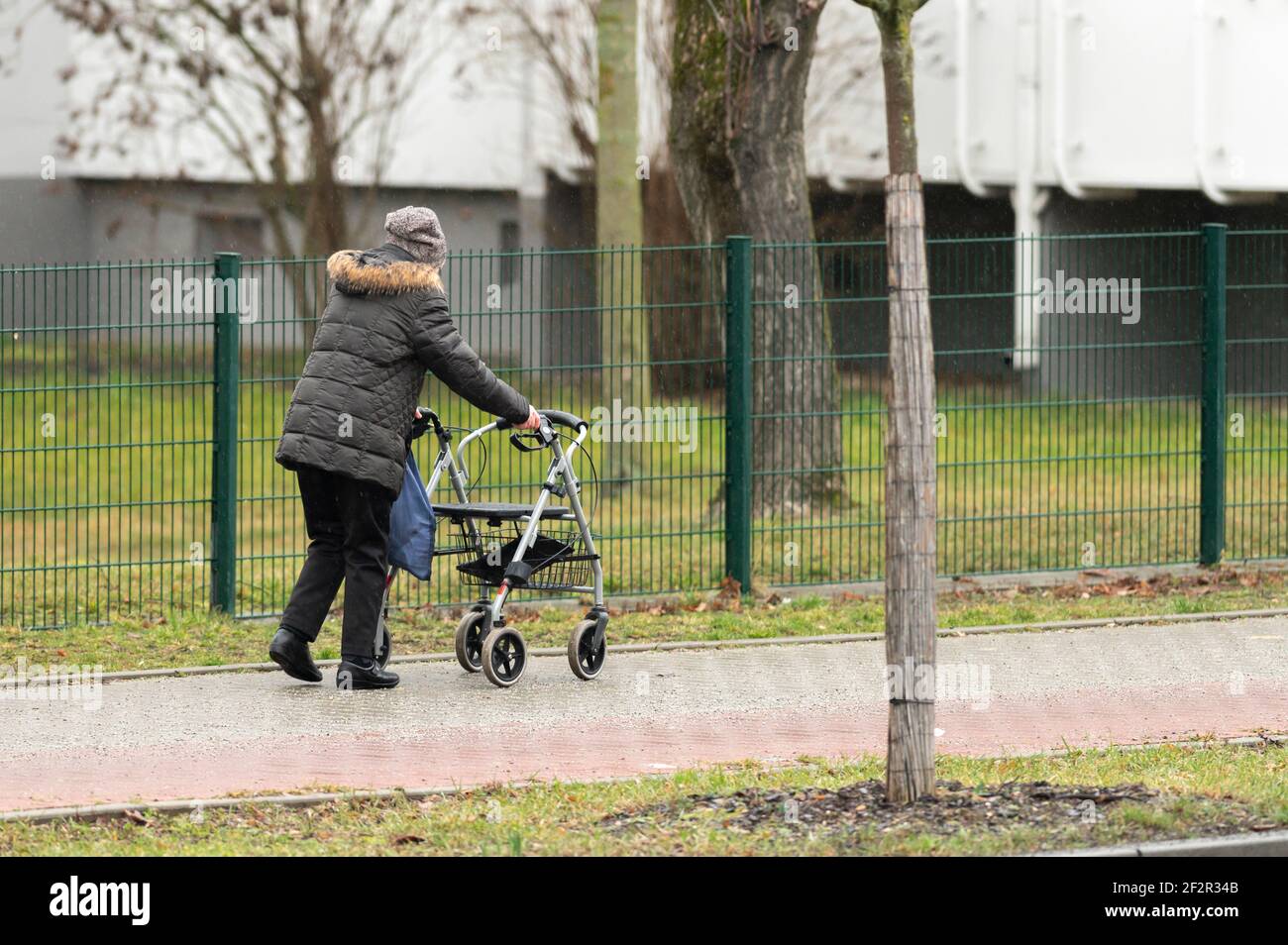 Woman with walking disability in the rain Stock Photo Alamy