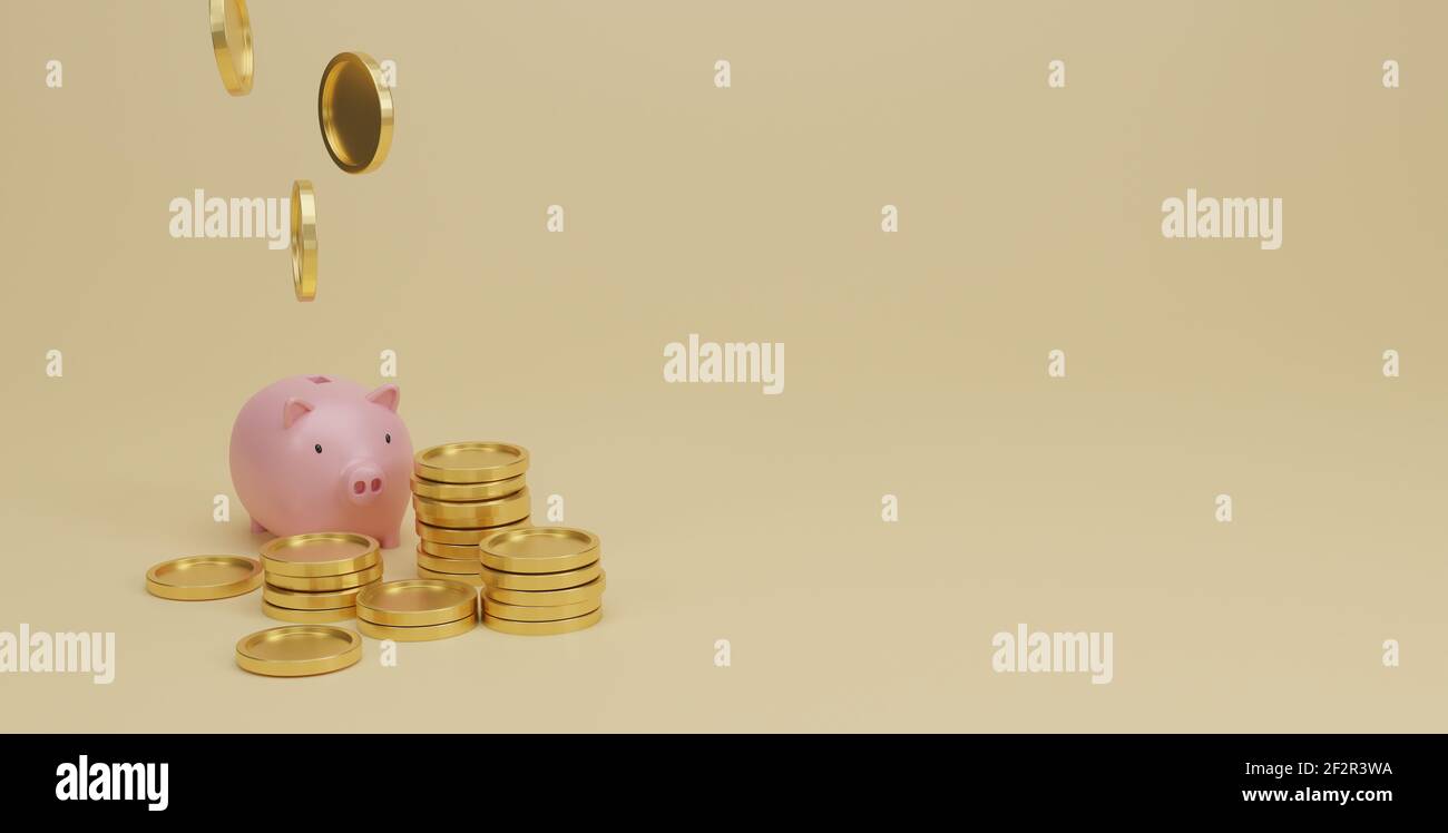 Pink piggy bank and golden coins stack on yellow background. Saving ...