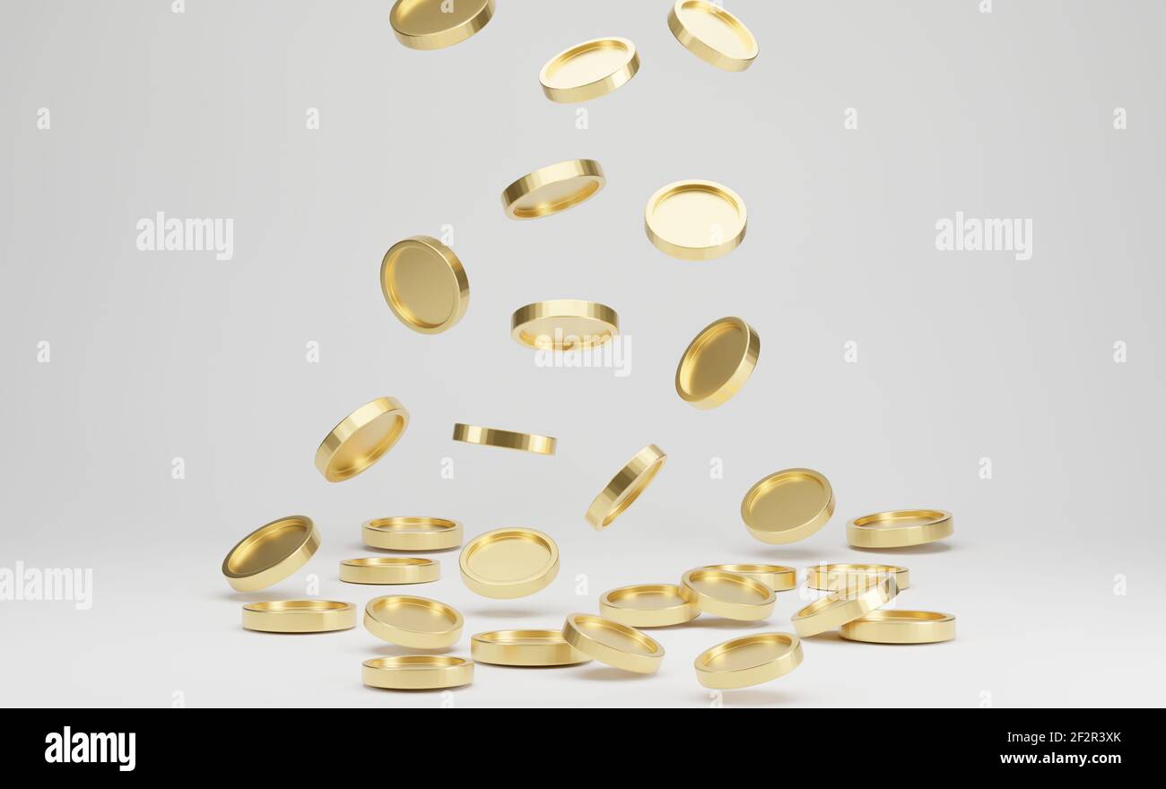 Gold coins falling or flying on white background. Jackpot or casino ...