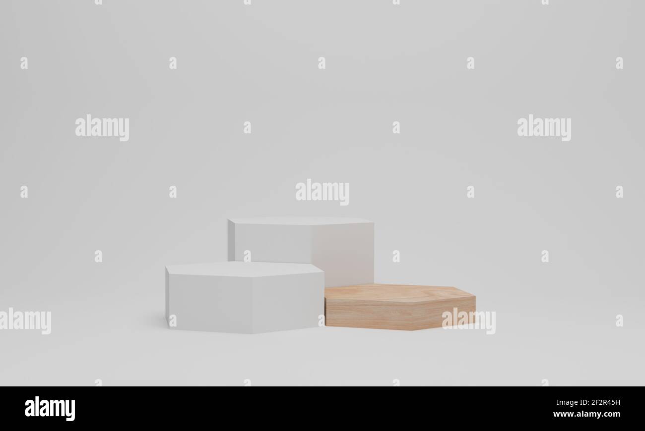 3d render. White podium in hexagon shape. Pedestal mockup on white ...