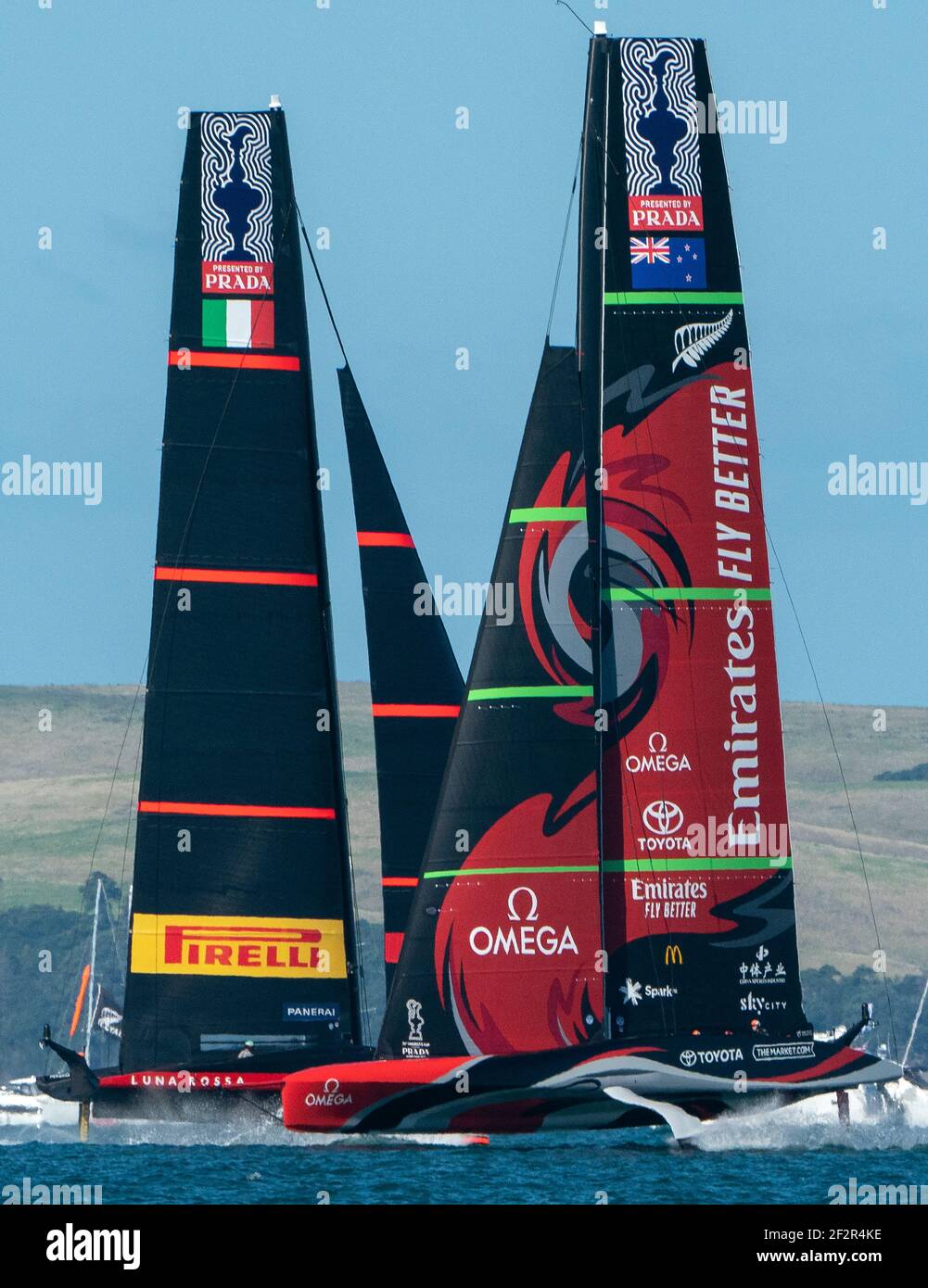 Auckland, New Zealand, 13 March, 2021 -  Defender's  Emirates Team New Zealand (ETNZ), skippered by Peter Burling on Te Rehutai and Italian challengers Luna Rossa Prada Pirelli, co-helmed by Jimmy Spithill and Francesco Bruni on Luna Rossa, during Day 3, Race 5, of the 36th America's Cup.  Credit: Rob Taggart/Alamy Live News Stock Photo