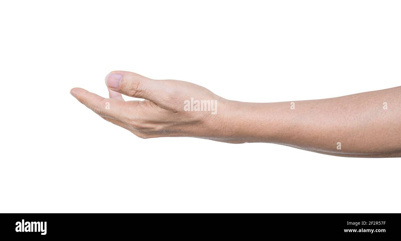 Man hand open palm up to help or receive. Isolated on white background with clipping path. Stock Photo
